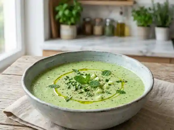 Soupe glacée rafraîchissante au concombre et menthe - Photo de présentation