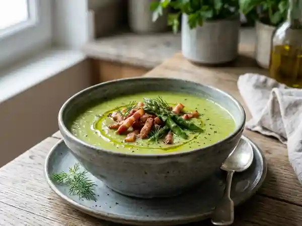 Velouté onctueux de fèves et lard grillé - Photo de présentation