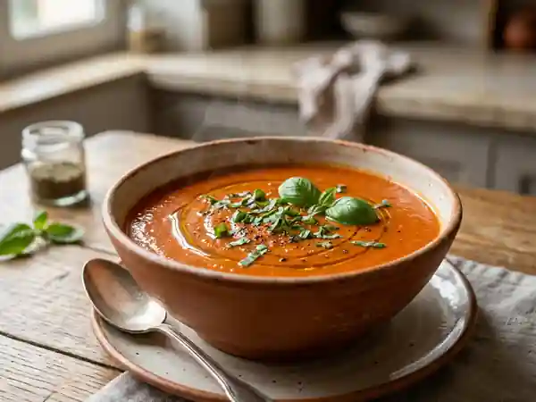 Soupe maison onctueuse à la tomate fraîche - Photo de présentation