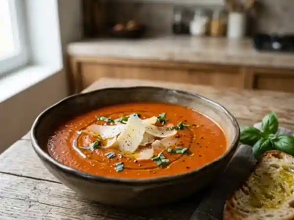 Soupe onctueuse aux tomates fraîches et parmesan fondant - Photo de présentation