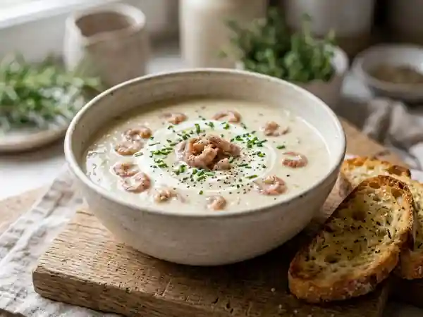Velouté d'endives onctueux et crevettes grises - Photo de présentation