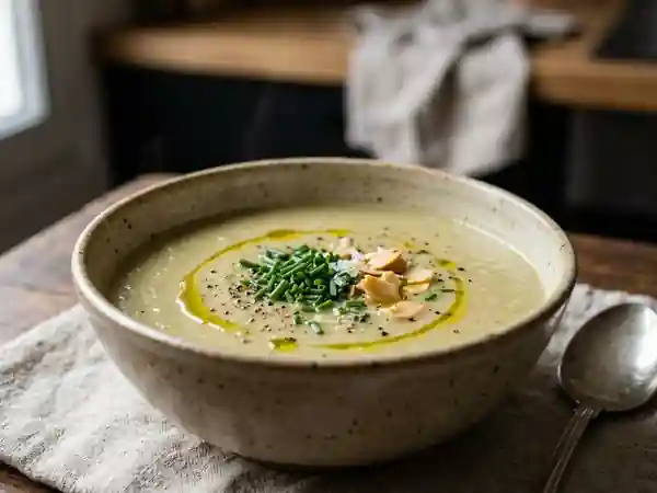Soupe rapide et savoureuse aux poireaux et pommes de terre - Photo de présentation