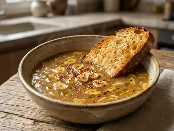 Bouillon aillé au piment d'Espelette et pain grillé - Photo de présentation