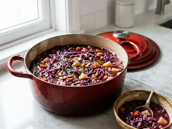 Soupe réconfortante au chou rouge mijoté à la marmite - Photo de présentation