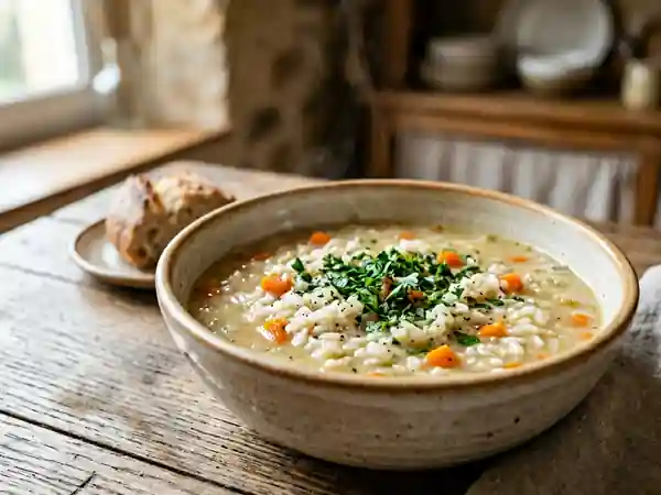 Soupe réconfortante au riz et légumes - Photo de présentation
