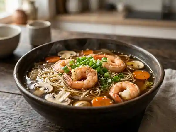 Bouillon gingembre, crevettes et nouilles fines - Photo de présentation