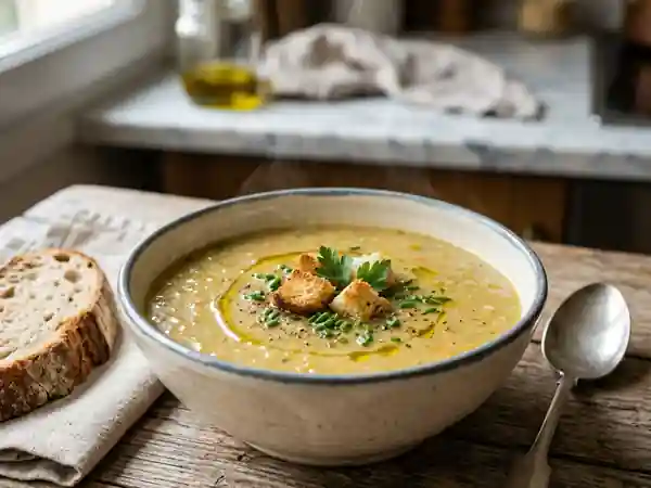 Soupe réconfortante aux légumes : poireau, carotte, navet et céleri - Photo de présentation