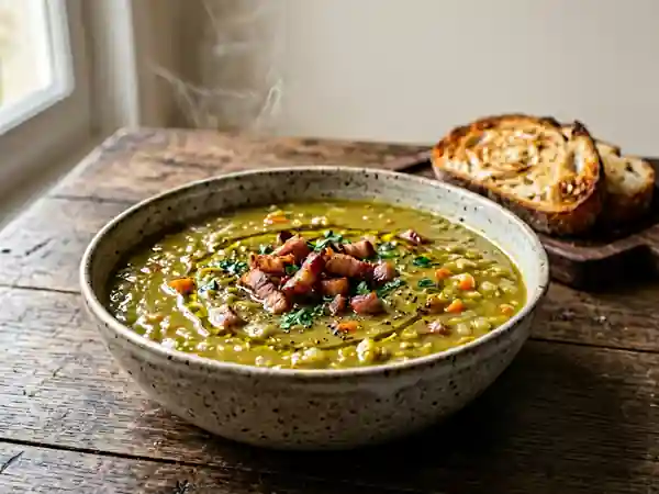 Soupe réconfortante de pois cassés au lard fumé - Photo de présentation