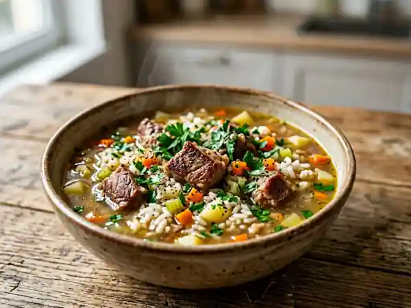 Soupe réconfortante de riz aux légumes et agneau façon Monténégro - Photo de présentation