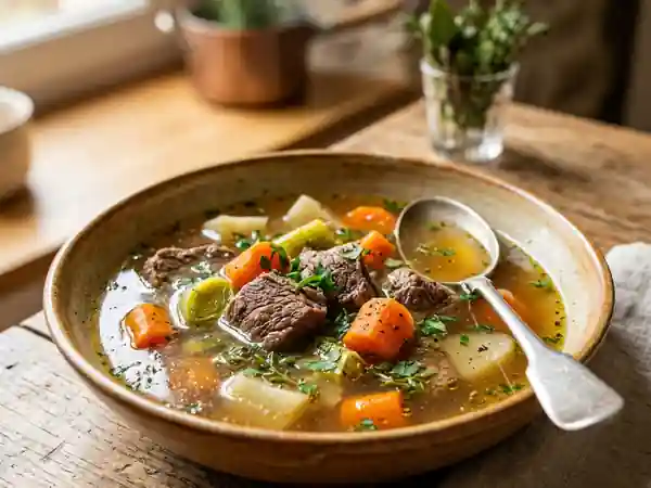 Bouillon de pot-au-feu limpide et parfumé - Photo de présentation