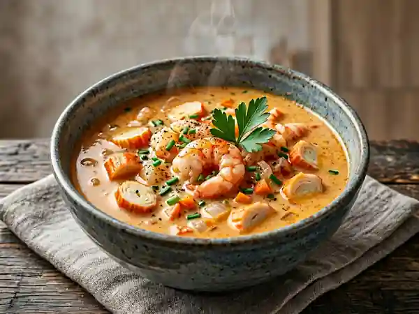 Soupe crémeuse aux crevettes et surimi au paprika - Photo de présentation