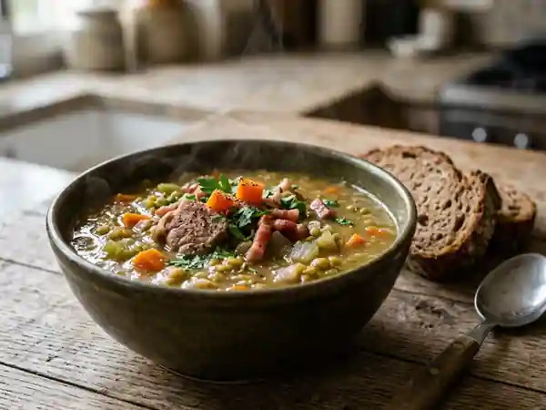 Erwtensoep : Velouté rustique aux pois et porc - Photo de présentation