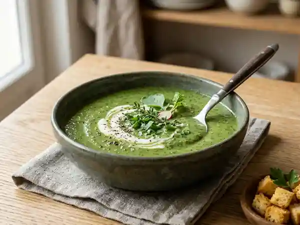 Soupe verte onctueuse aux fanes de radis fraîches - Photo de présentation