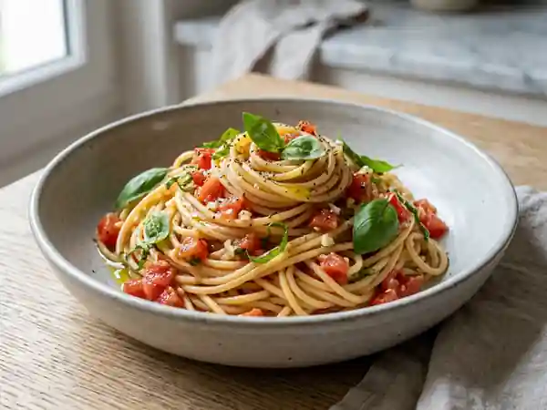Spaghetti à la sauce tomate crue fraîche et savoureuse - Photo de présentation