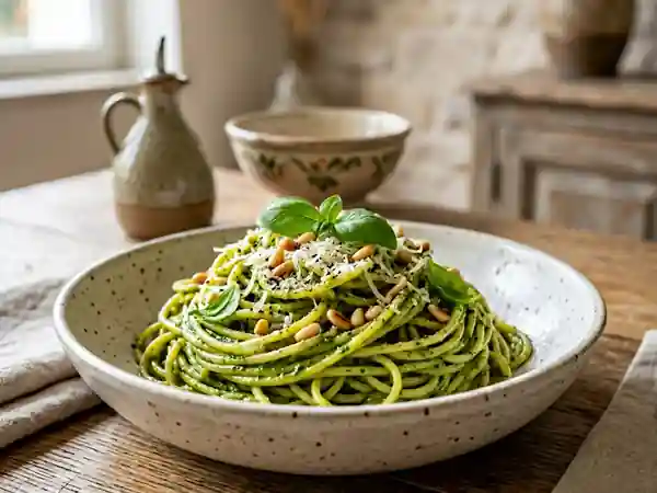 Spaghetti Crémeux au Basilic et Pignons - Photo de présentation