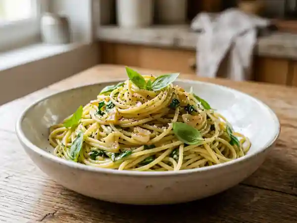 Spaghetti al dente à l'ail et basilic frais - Photo de présentation