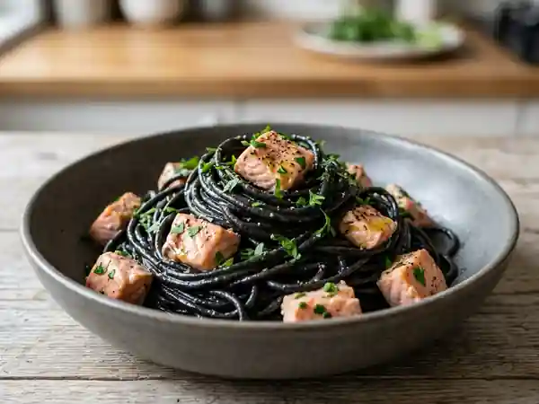 Spaghetti à l'encre de seiche et truite fondante - Photo de présentation