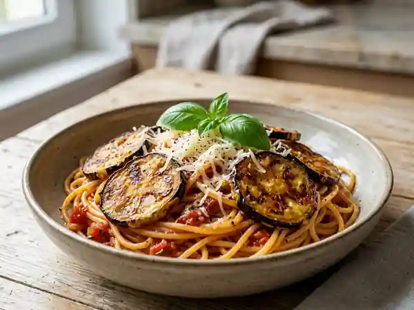 Spaghetti fondants aux aubergines dorées - Photo de présentation
