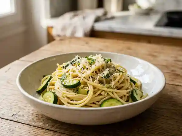 Spaghetti aux courgettes, ail et parmesan : recette savoureuse et facile - Photo de présentation