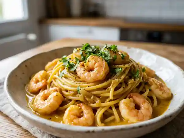 Spaghetti aux crevettes et curry crémeux : recette facile et savoureuse - Photo de présentation