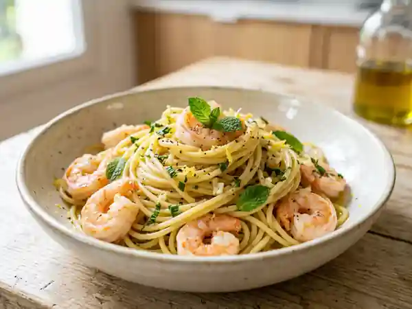 Spaghetti aux crevettes, ail et menthe fraîche - Photo de présentation