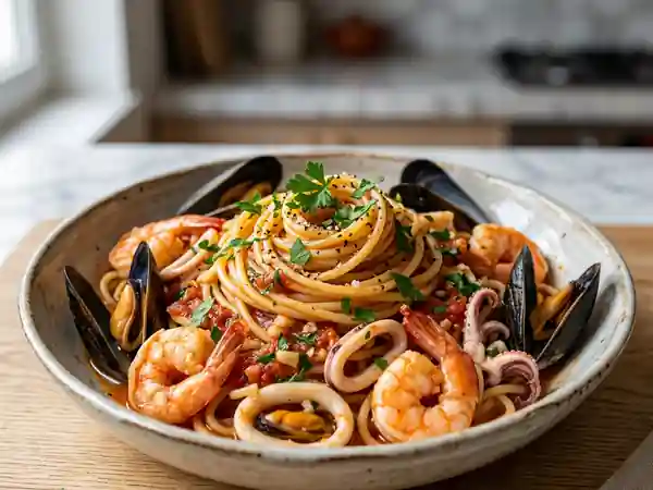 Spaghetti iodés aux fruits de mer et ail - Photo de présentation