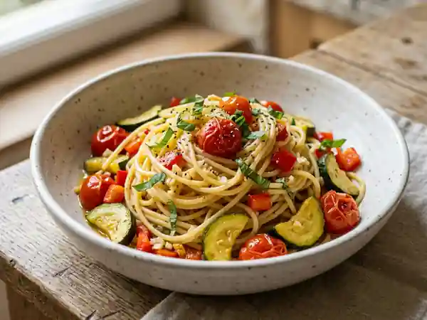 Spaghetti aux légumes d'été frais et savoureux - Photo de présentation