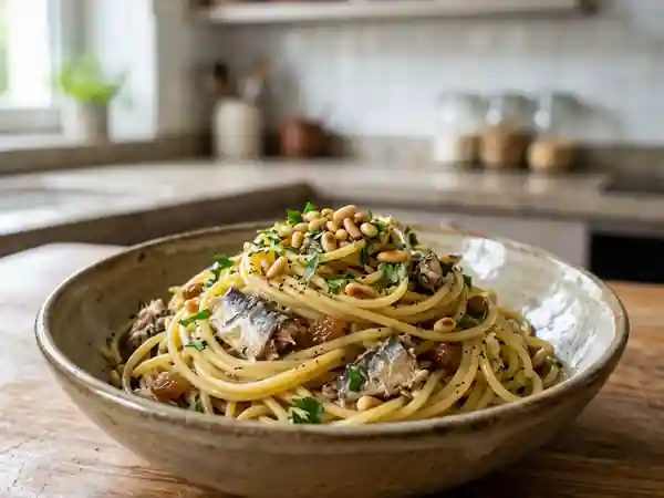 Spaghetti siciliens sardines et pignons croquants - Photo de présentation