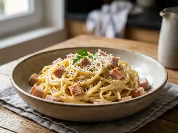 Spaghetti carbonara au jambon blanc à la française : recette facile et gourmande - Photo de présentation