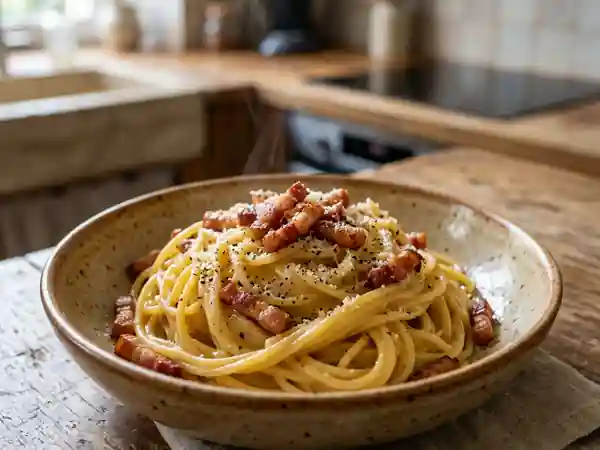 Spaghetti carbonara crémeuses au pecorino - Photo de présentation