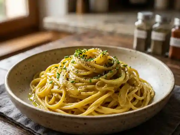 Spaghetti crémeux à l'oignon doux et au curry parfumé - Photo de présentation