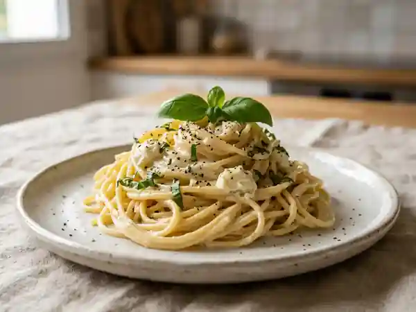 Spaghetti crémeux au chèvre et basilic frais - Photo de présentation
