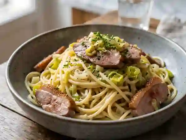 Spaghetti crémeux au magret et poireaux - Photo de présentation