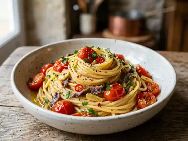 Spaghetti pimentés aux anchois et tomates - Photo de présentation