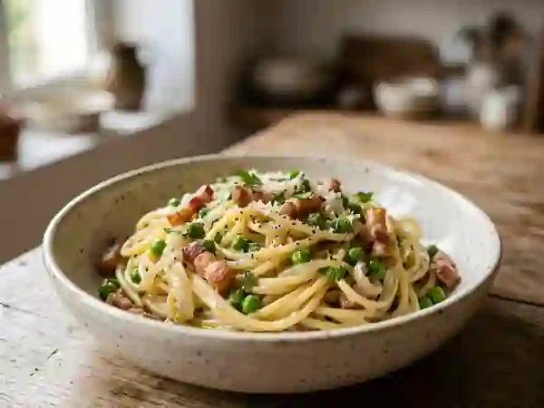 Spaghetti, lardons fumés et petits pois - Photo de présentation
