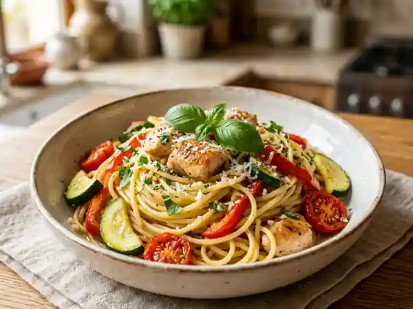 Spaghetti Primavera au Poulet Saisi et Basilic - Photo de présentation