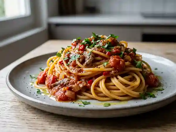 Spaghetti pimentés aux anchois fondants - Photo de présentation