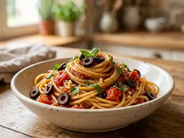 Spaghetti savoureux aux tomates fraîches et olives noires - Photo de présentation