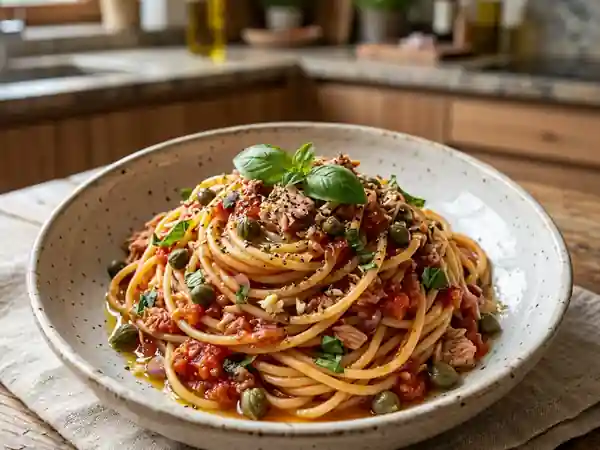 Spaghetti thon, câpres et tomate acidulée - Photo de présentation