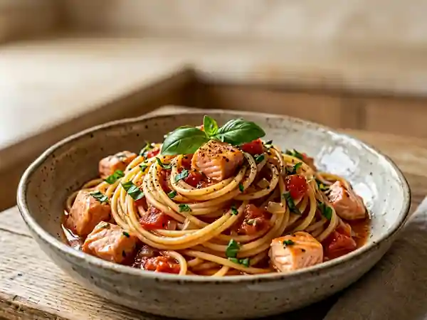 Spaghettis au saumon frais et sauce tomate maison - Photo de présentation