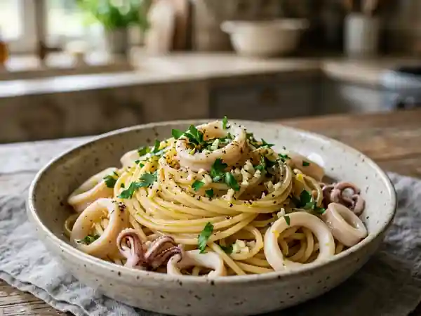 Spaghettis aux calamars, ail et persillade - Photo de présentation