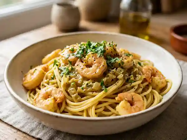 Spaghettis Crémeux Crevettes et Curry - Photo de présentation