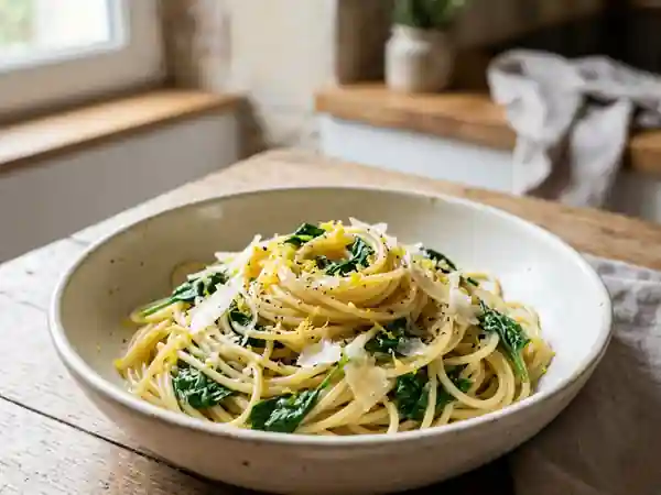 Spaghettis zestés aux épinards frais - Photo de présentation