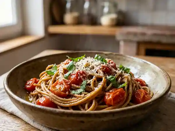 Spaghettis complets à l'ail et tomates cerises - Photo de présentation