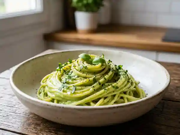 Spaghettis crémeux à l'avocat frais et citronné - Photo de présentation