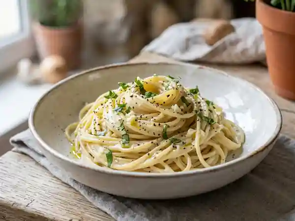 Spaghettis crémeux au carré frais et herbes fraîches - Photo de présentation