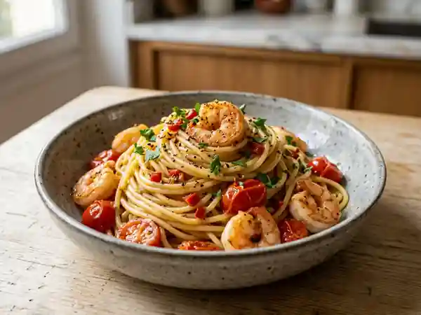 Spaghettis pimentés aux crevettes sautées - Photo de présentation