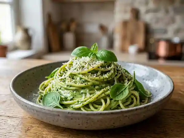 Spaghettis crémeux au basilic et épinards - Photo de présentation