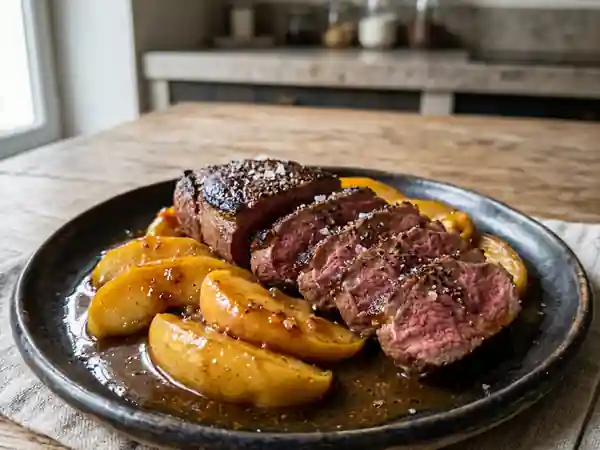 Steak d'autruche aux pommes caramélisées : recette gourmande et saine - Photo de présentation