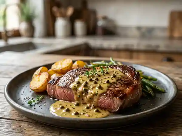 Steak d'autruche fondant au poivre vert - Photo de présentation